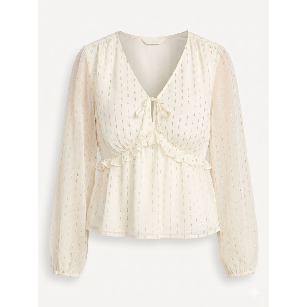 Old Navy Women's Plus Size 4X Cream Waist-Defined Ruffle-Trim Gold Clip-Dot Top
